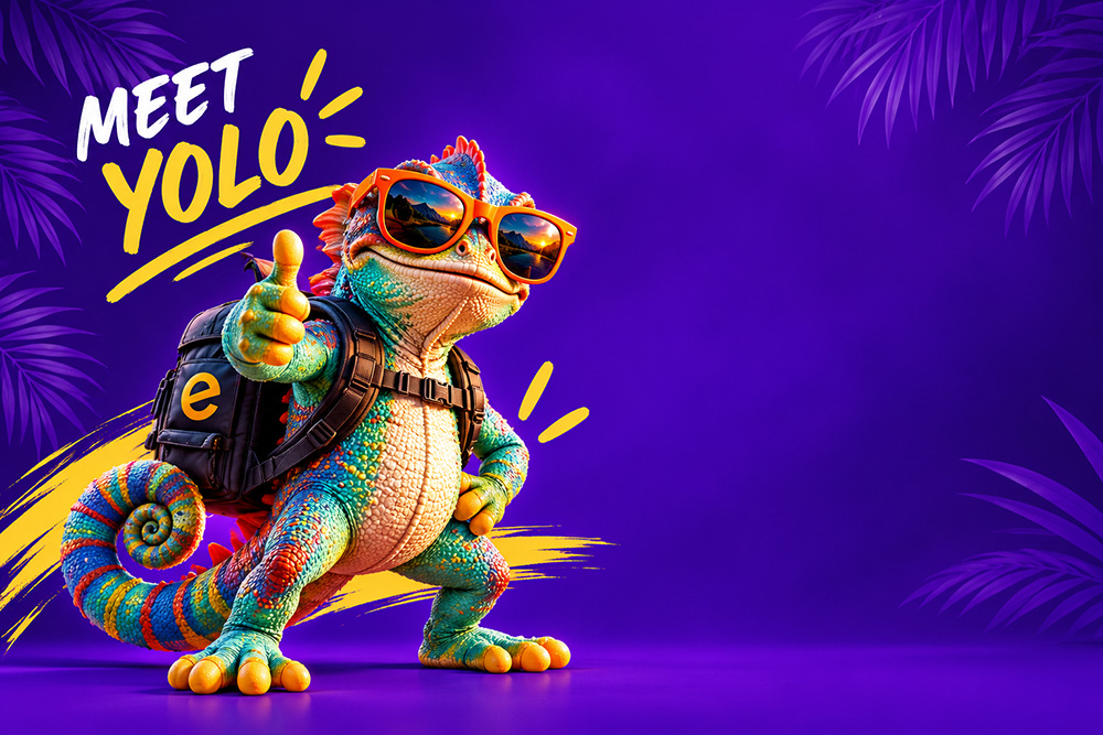 YOLO the colourful chameleon in his orange sunglasses